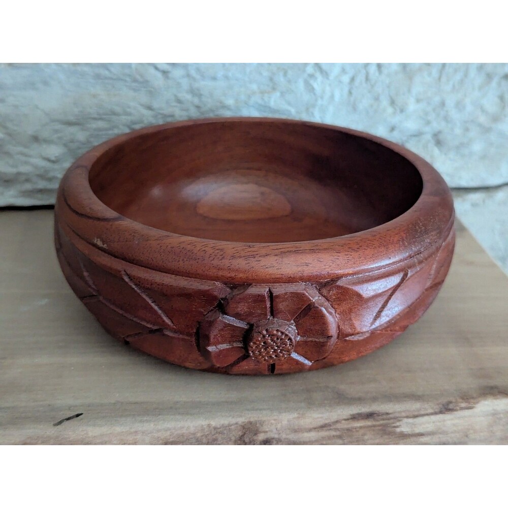 Carved Wood Round Bowl Brown Floral Flower Pattern 6" Diameter Rustic Farm Decor